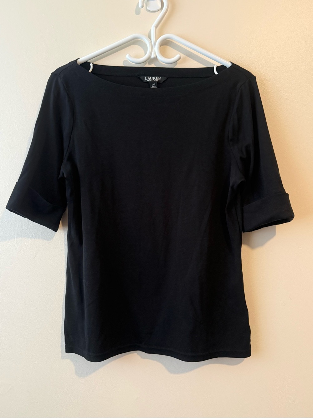 Lauren Ralph Lauren Black Elbow-Sleeve Boatneck Tee